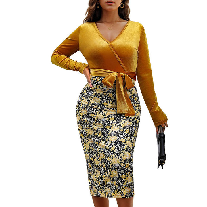 Damen Wickelkleid mit Samtoberteil und floraler Jacquard-Bleistiftrock Drune