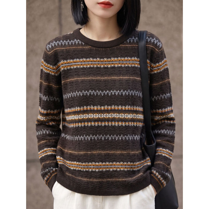 Damen Leichter Rundhals-Pullover im Norwegerstreifen-Design mit strukturierter Ajouroptik Drune