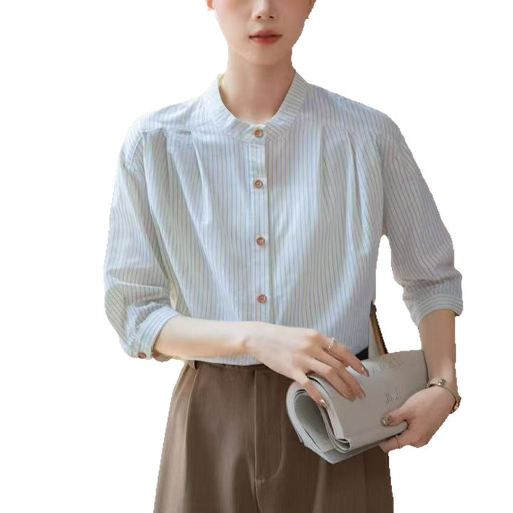 Damen Elegante gestreifte Bluse mit traditionellem Stehkragen Drune