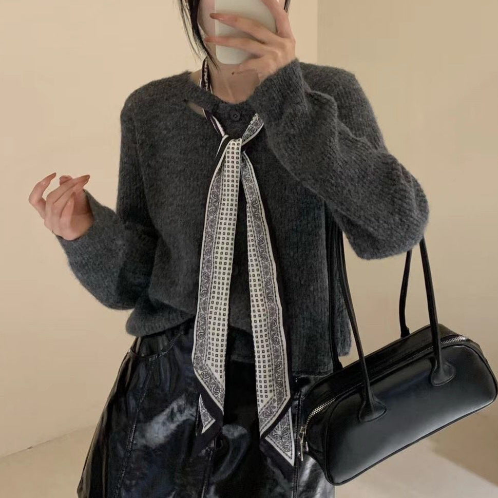 Damen lässige Strickjacke mit dekorativem Halstuch Drune