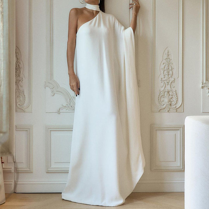 Damen elegantes One-Shoulder Abendkleid mit fließendem Stoff und schickem Kragen Drune