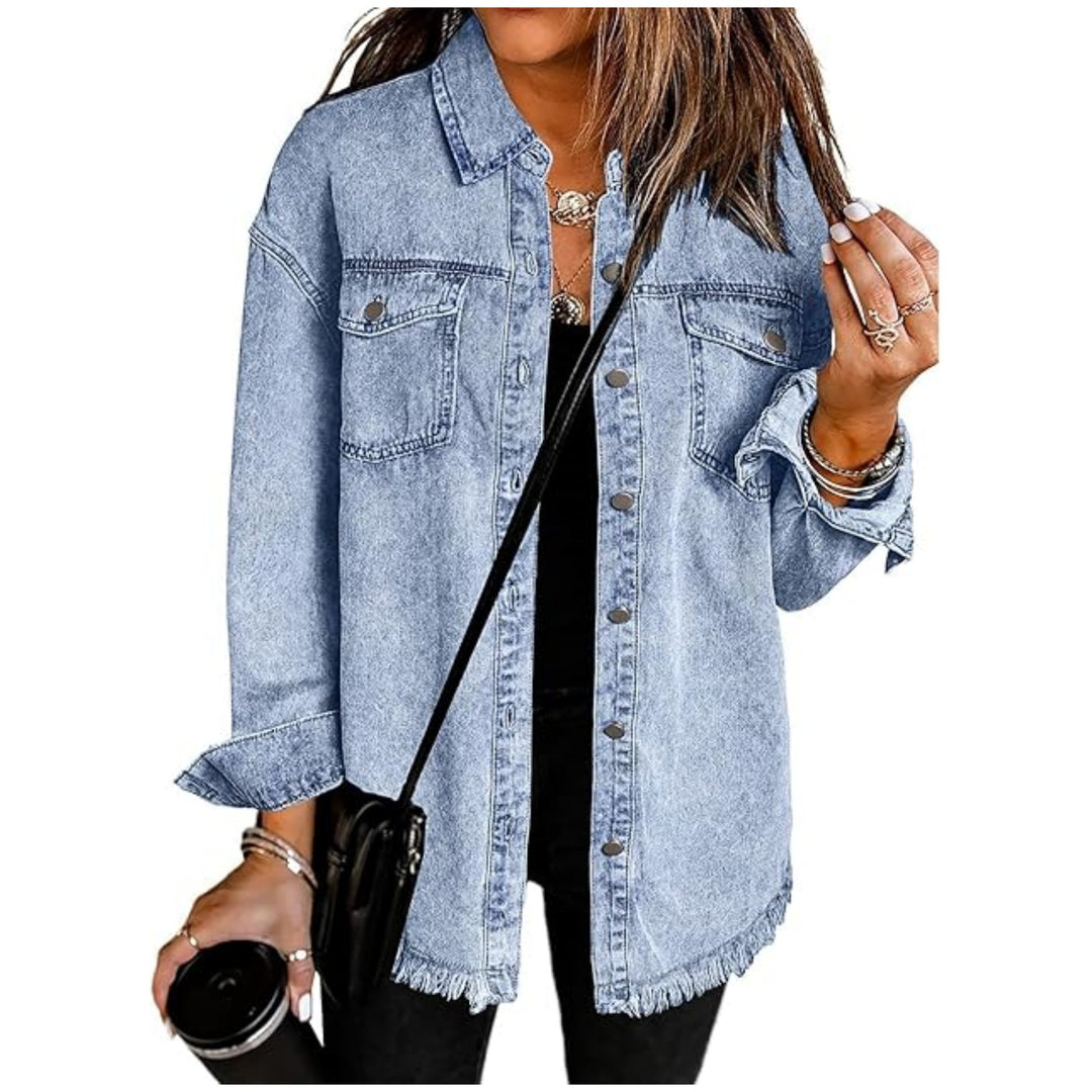 Damen Oversize Jeanshemdjacke mit Fransensaum Drune
