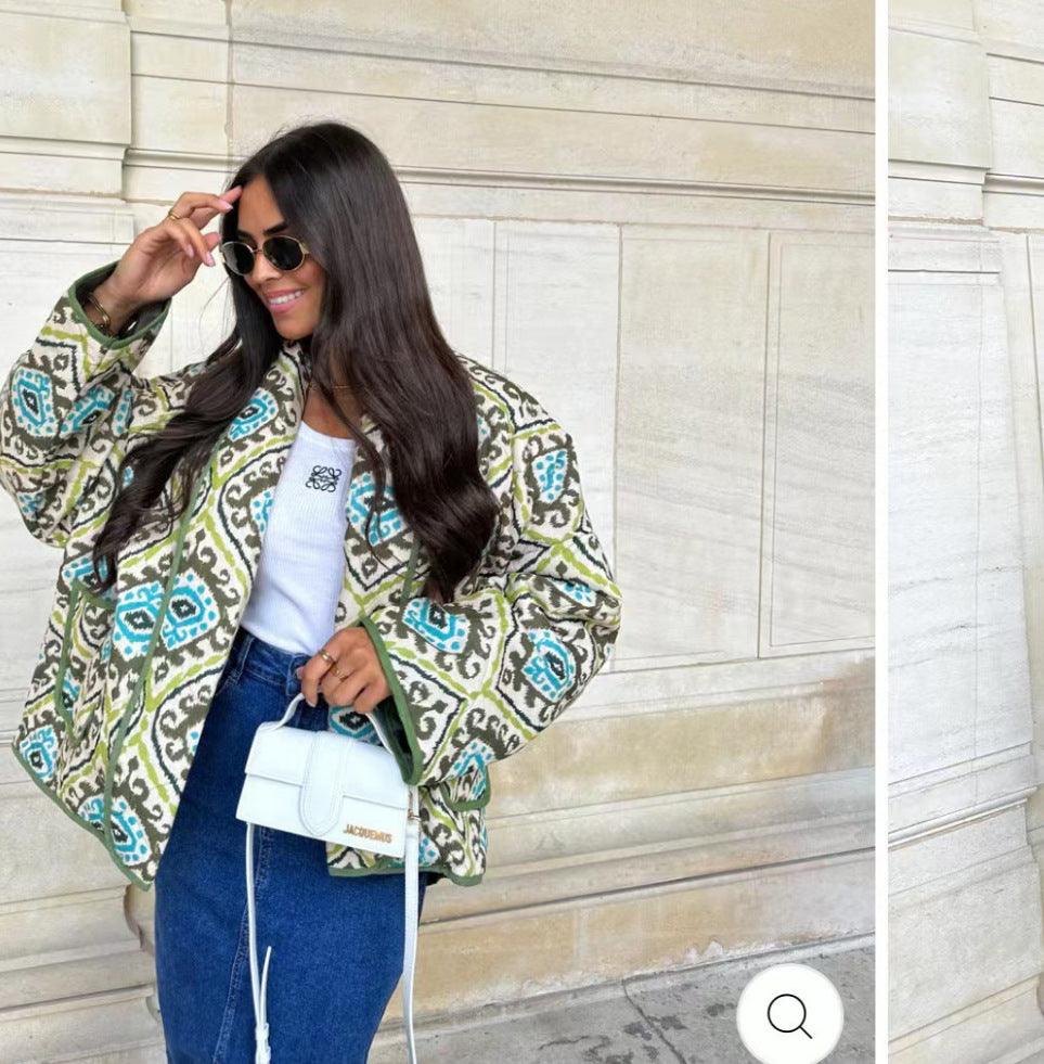 Damen Stepp-Kimono-Jacke mit Taillengürtel und Ethno-Muster