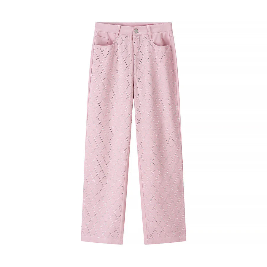 Damen nan hochtaillierte Straight‑Leg Hose mit Diamant‑Perforation und Eingrifftaschen Drune