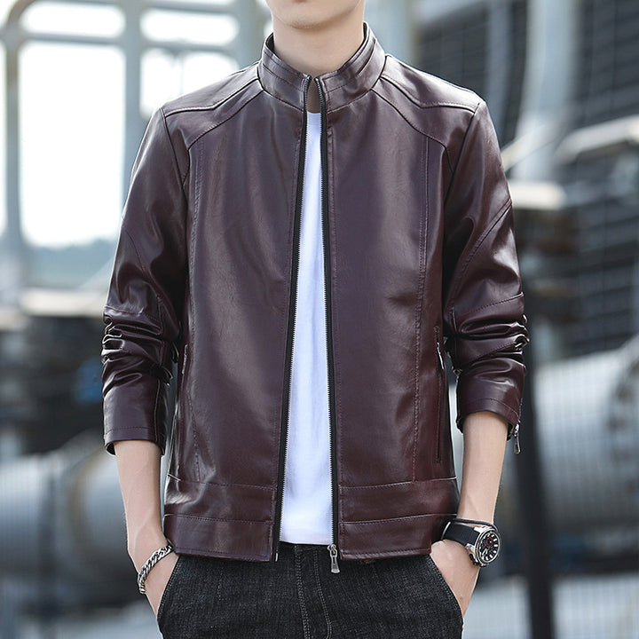 Herren Kunstleder‑Motojacke im Slim-Aviator-Cut mit hohem Stehkragen und Reißverschlussärmeln Drune