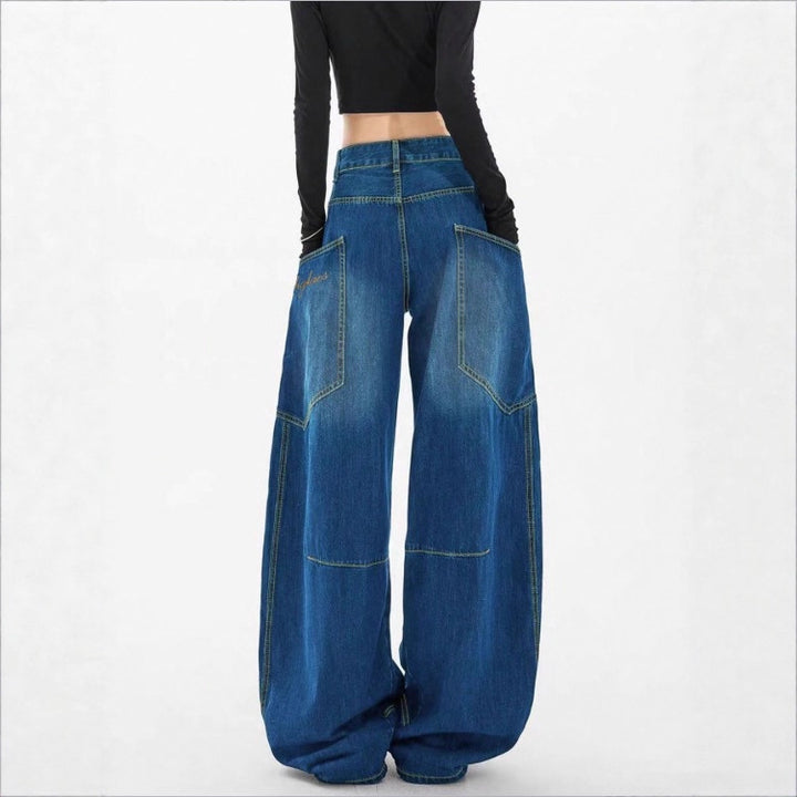 Damen Weite High-Waist Balloon-Jeans mit Utility-Taschen und kontrastierenden Nähten Drune