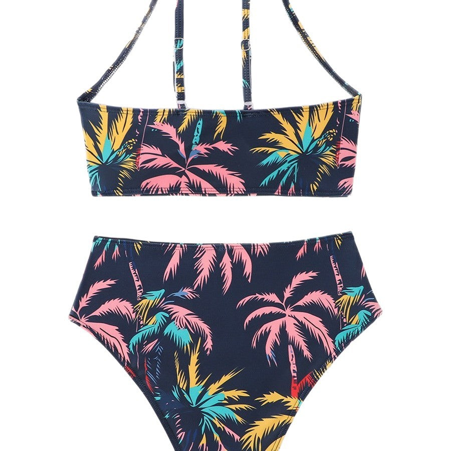 Damen Sportliches Bikini-Set mit hohem Kragen und tropischem Design Drune