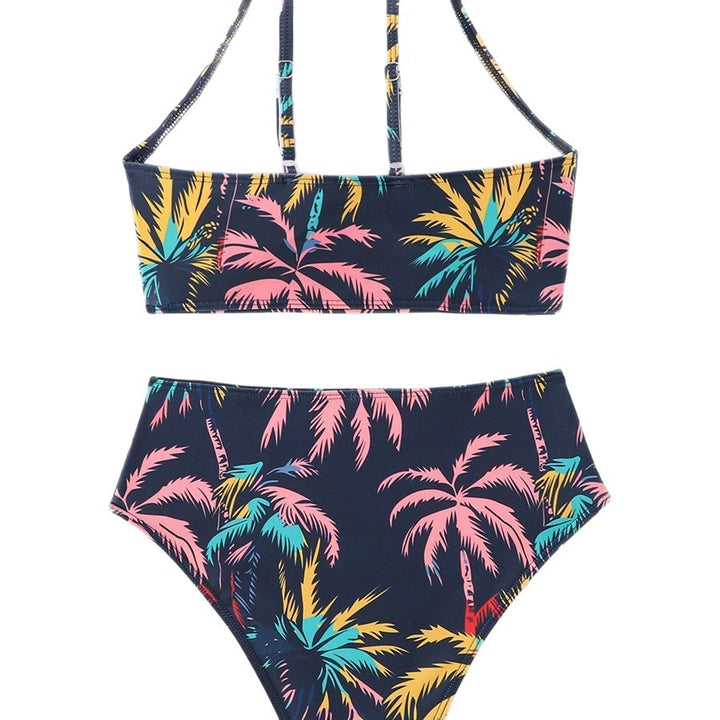 Damen Sportliches Bikini-Set mit hohem Kragen und tropischem Design Drune