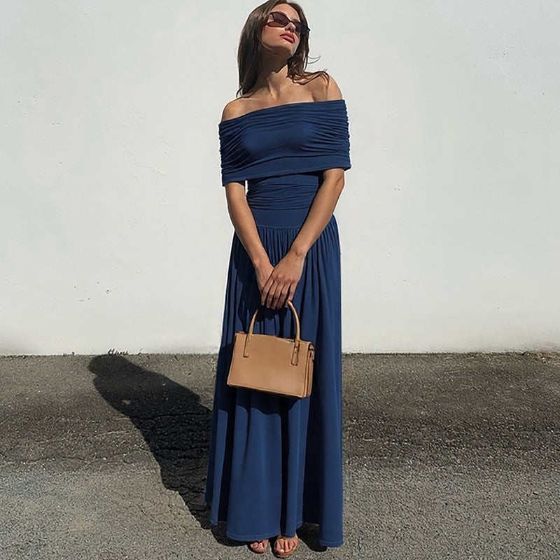 Damen Elegantes Maxikleid mit schulterfreiem Design und Raffung Drune