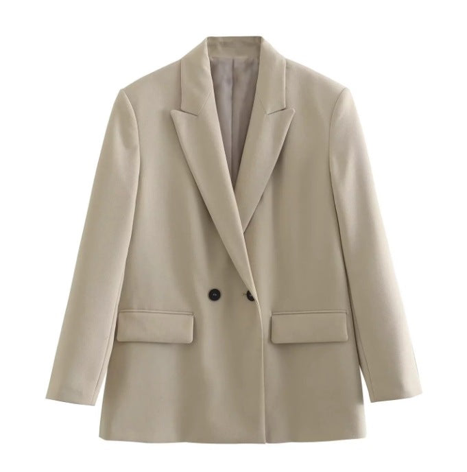 Damen 100+ geradliniger Longline Blazer mit Reverskragen, doppelreihiger Optik und Pattentaschen Drune
