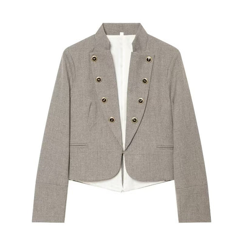Damen Kurzblazer im Military-Stil mit Stehkragen und dekorativen Knopfreihen Drune