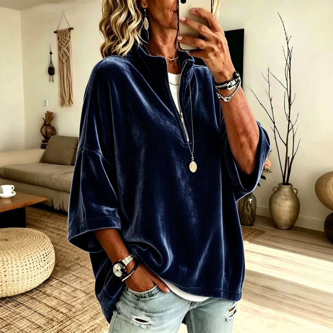 Damen Oversize Samt-Pullover mit kurzem Reißverschluss und Stehkragen Drune
