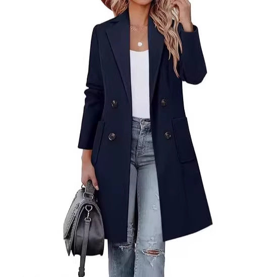 Damen Doppelreihiger Longblazer-Mantel mit aufgesetzten Taschen und taillierter Silhouette Drune