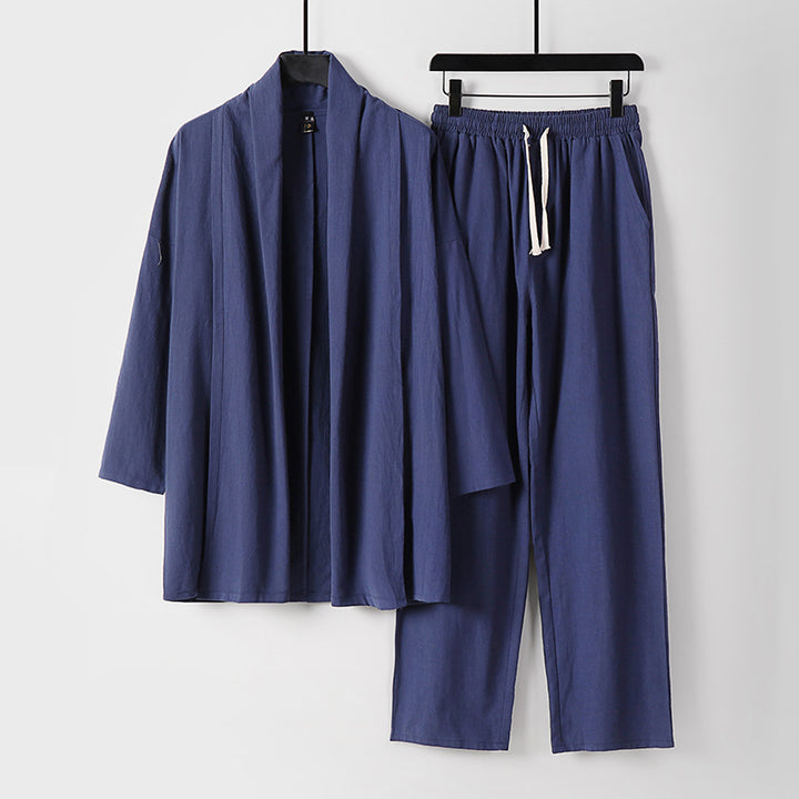 Unisex Lässiges Kimono-Zweiteiler aus atmungsaktivem Leinen-Viskose mit offenem Schalkragen und Kordelbundhose Drune
