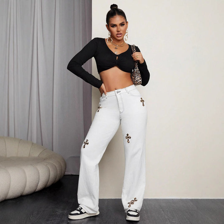 Damen lässige Jeanshose mit auffälliger Tiermuster-Applikation Drune