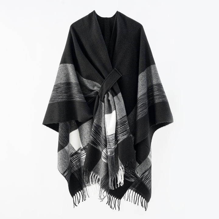 Damen Cape-Umhang aus Wollmix mit Bindegürtel und Karodessin Drune