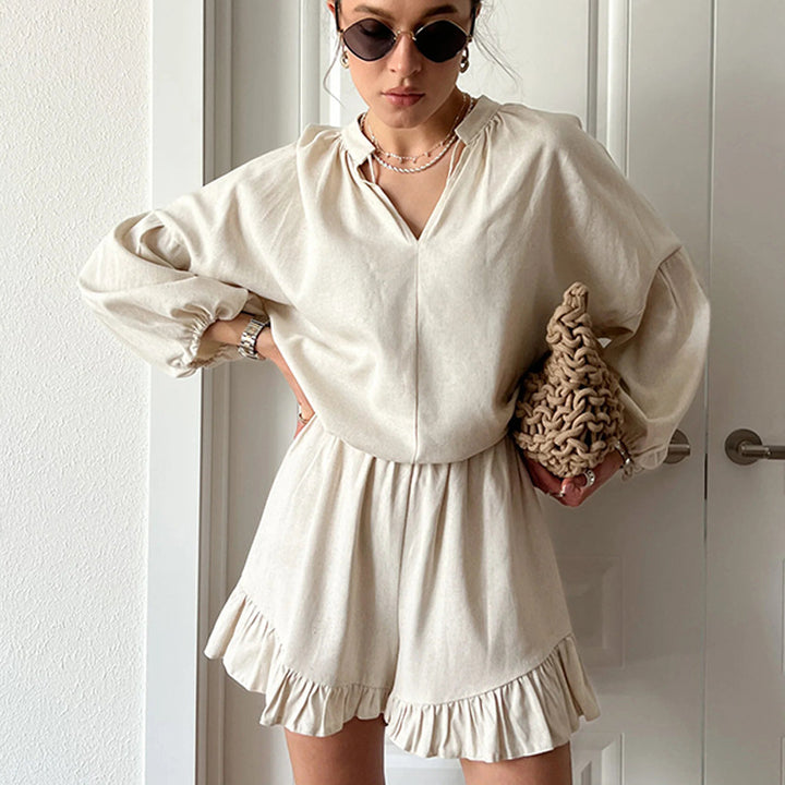 Damen Elegantes und lässiges Kurzarm-Set mit Rüschendetails Drune