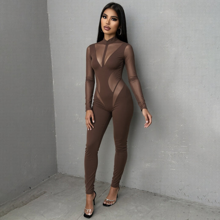 Damen Eleganter Catsuit mit transparenten Einsätzen und hohem Kragen Drune