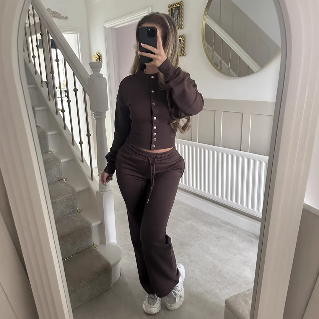 Damen lässiges Sweat-Kombinationsset mit Knopfdetails und elastischem Bund Drune