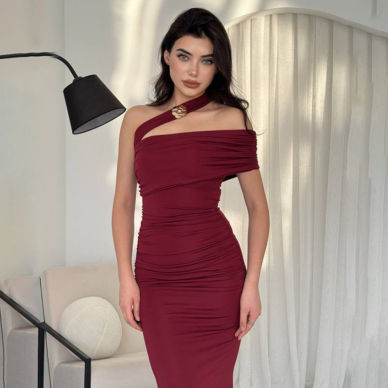 Damen Elegantes Rüschen-Maxikleid mit asymmetrischem Träger Drune