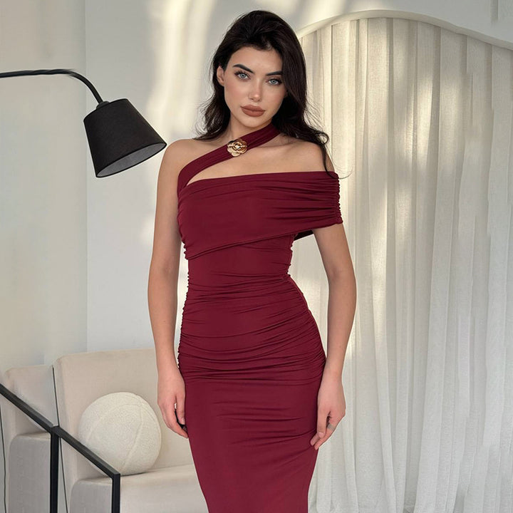Damen Elegantes Rüschen-Maxikleid mit asymmetrischem Träger Drune