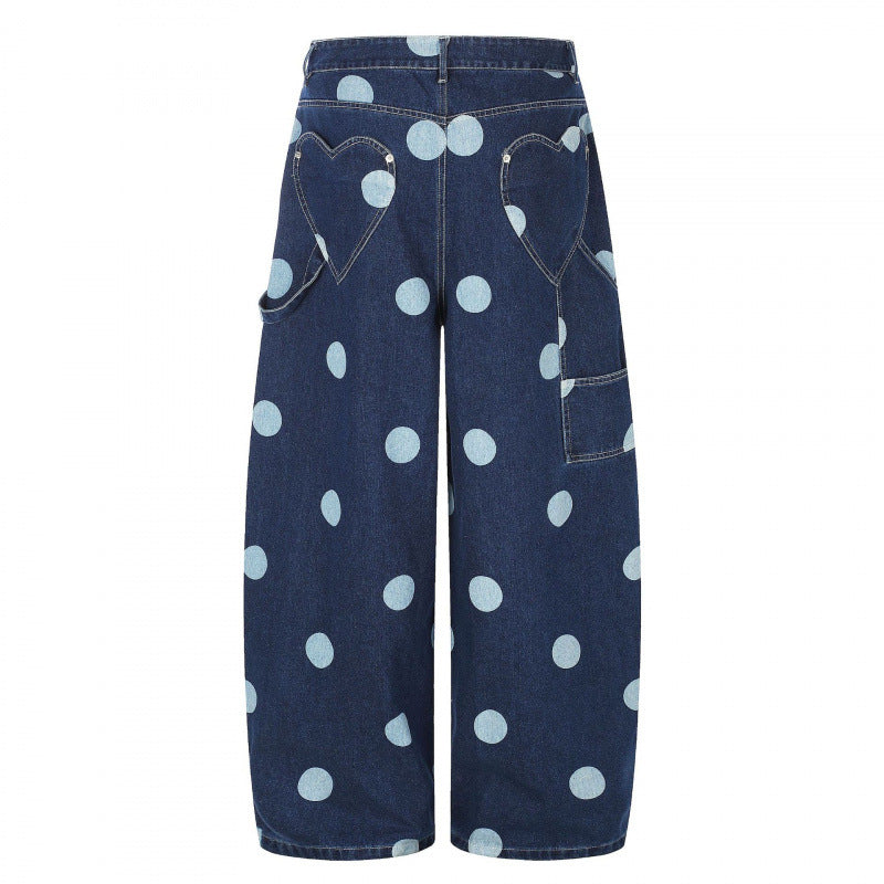 Damen Weite Cropped-Jeans mit hoher Taille, Polka‑Dot‑Print und Carpenter‑Details Drune
