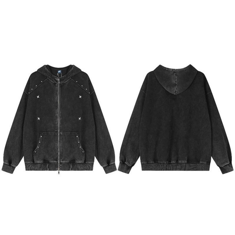Unisex Oversize-Kapuzen-Zipjacke mit Vintage-Waschung, Metallnieten und Kängurutasche Drune