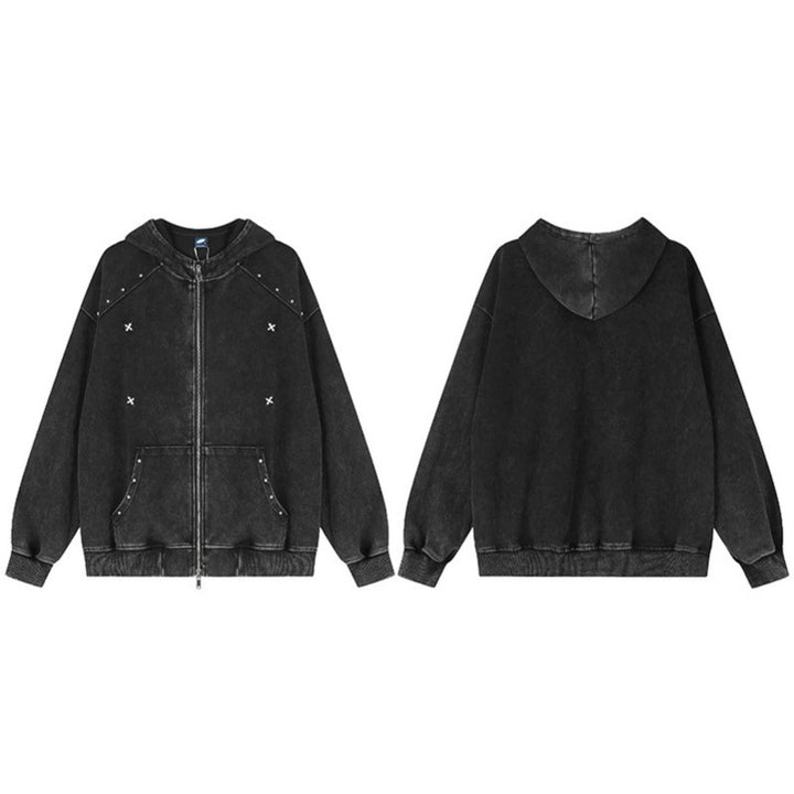 Unisex Oversize-Kapuzen-Zipjacke mit Vintage-Waschung, Metallnieten und Kängurutasche Drune