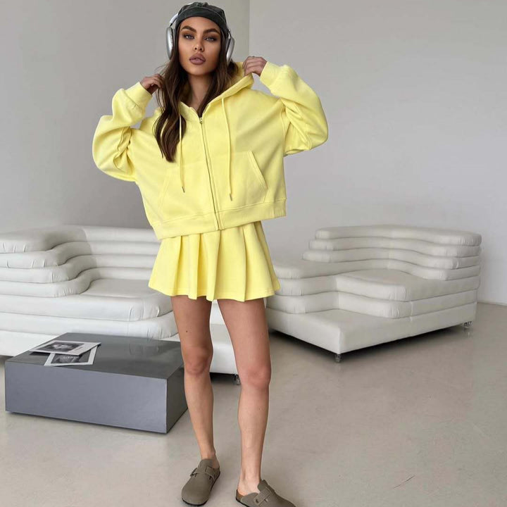 Damen Kurzzip-Kapuzenjacke mit plissiertem Minirock-Lounge-Set Drune