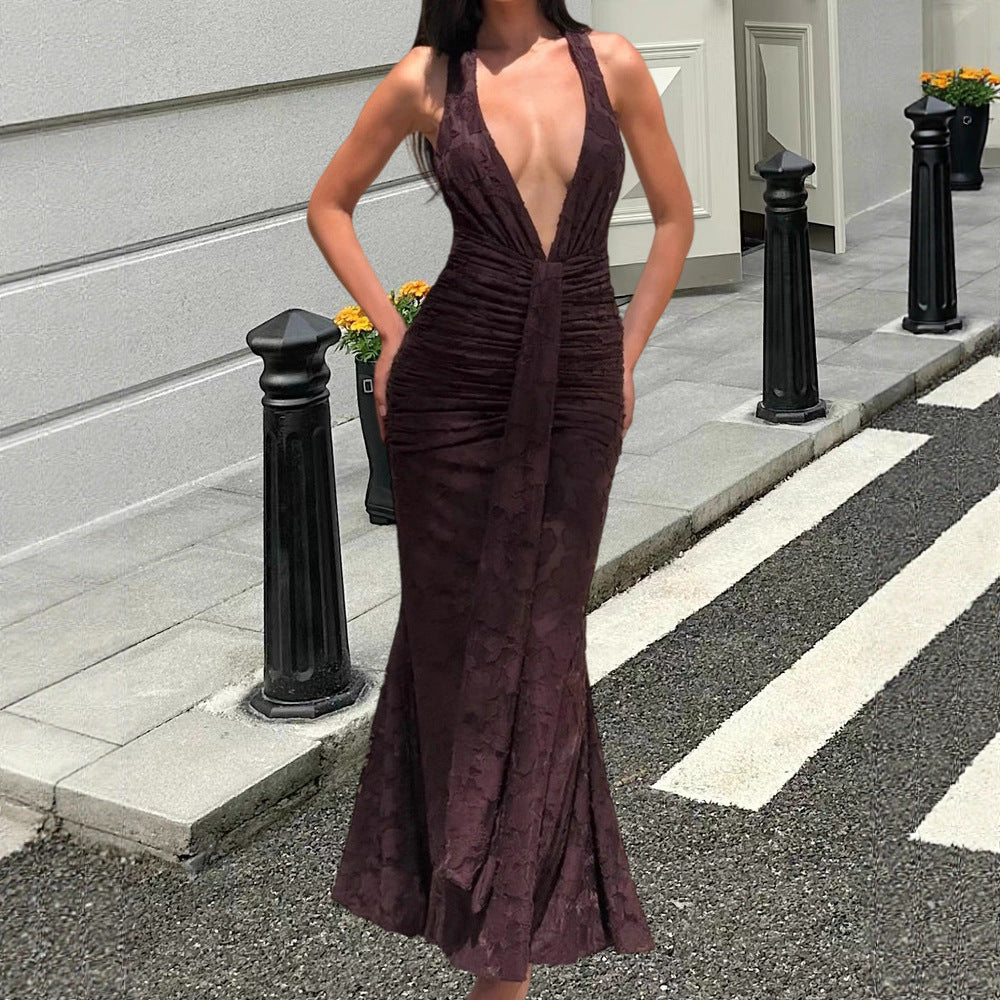 Damen Elegantes Maxikleid mit tiefem V-Ausschnitt und gerafftem Design Drune