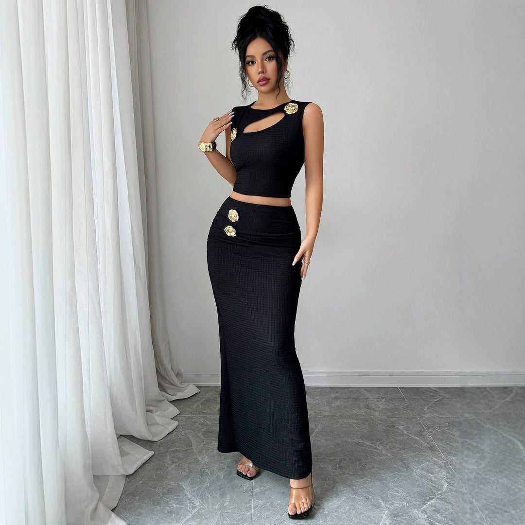 Damen nan zweiteiliges tailliertes Set mit asymmetrischem Cut-Out Crop-Top und figurbetontem Maxi-Bleistiftrock Drune