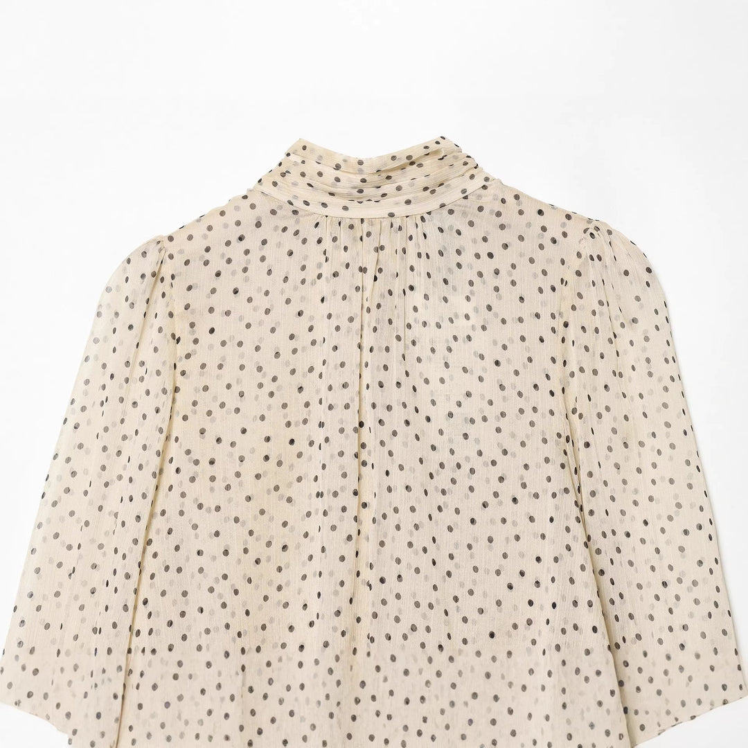 Damen nan semitransparente Chiffonbluse mit Bindeschleife, Volantärmeln und Pünktchenprint Drune