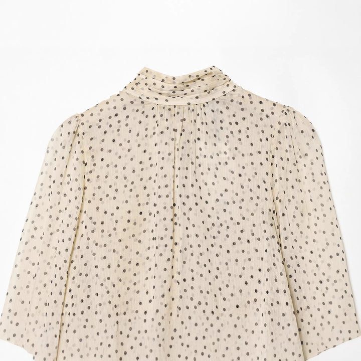 Damen nan semitransparente Chiffonbluse mit Bindeschleife, Volantärmeln und Pünktchenprint Drune