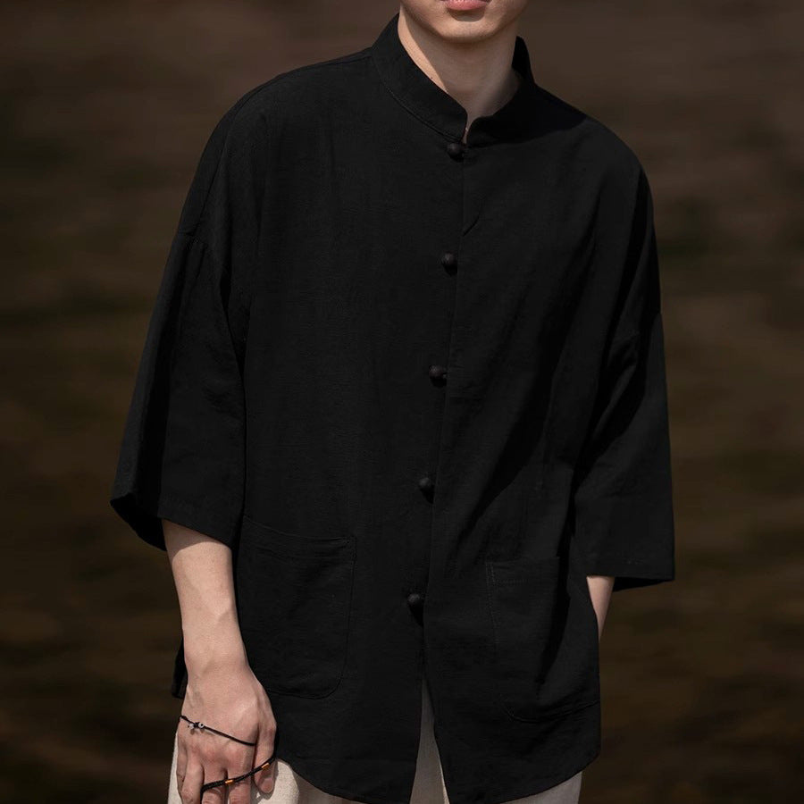 Herren Oversize Hemd im Kimono-Stil aus Leinen-Baumwollmix mit Stehkragen Drune