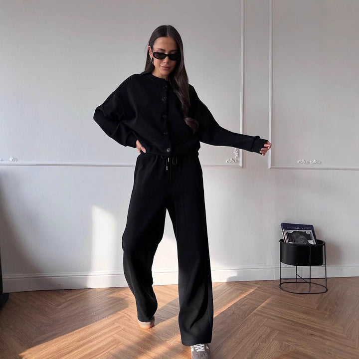 Damen geknöpftes Cropped-Lounge-Set mit Oversize-Cardigan und hochtaillierter Wide-Leg Jogginghose Drune