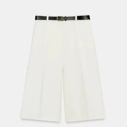 Damen Hochtaillierte Culotte‑Shorts mit Bügelfalte und Ziergürtel Drune