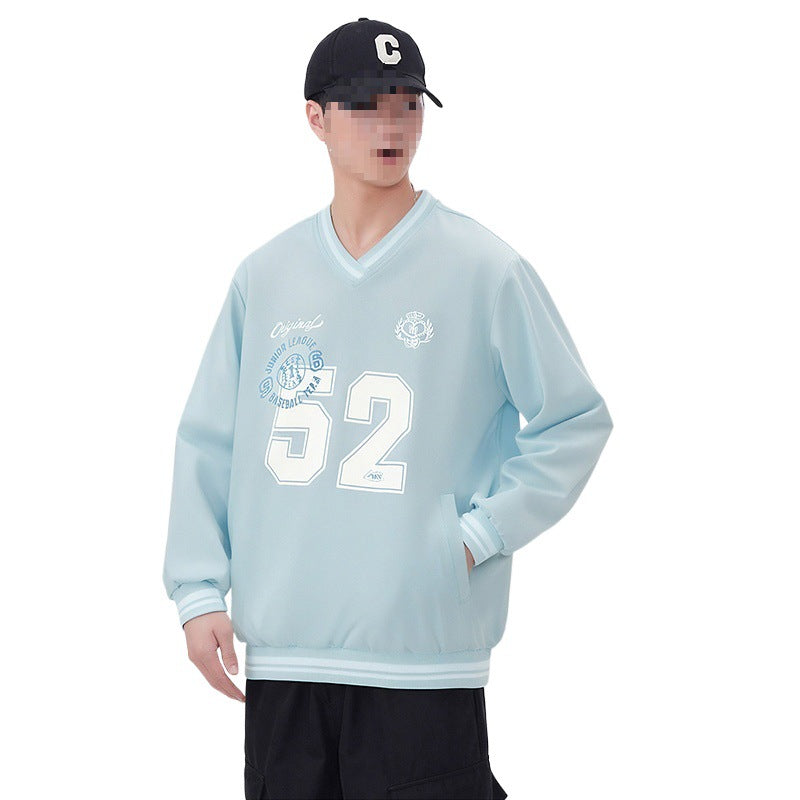 Herren Oversize V‑Ausschnitt Sportsweatshirt im College‑Look mit gestreiften Bündchen Drune