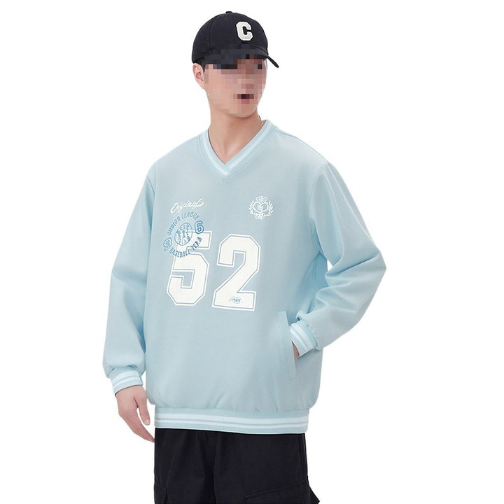 Herren Oversize V‑Ausschnitt Sportsweatshirt im College‑Look mit gestreiften Bündchen Drune