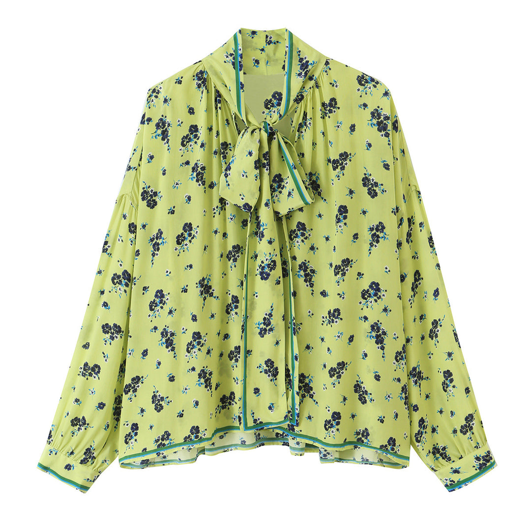 Damen Geblümte Chiffonbluse mit Schleifenkragen und Volumenärmeln Drune