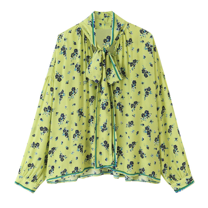 Damen Geblümte Chiffonbluse mit Schleifenkragen und Volumenärmeln Drune
