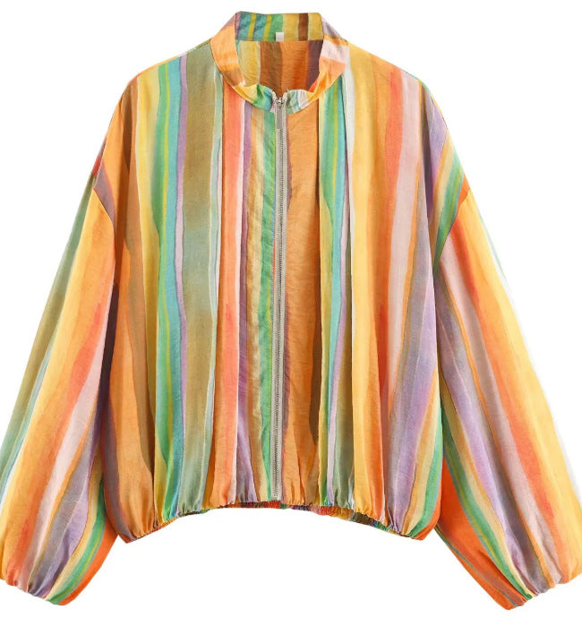 Damen Gestreifte Cropped Blousonjacke mit Stehkragen, Reißverschluss und Ballonärmeln Drune