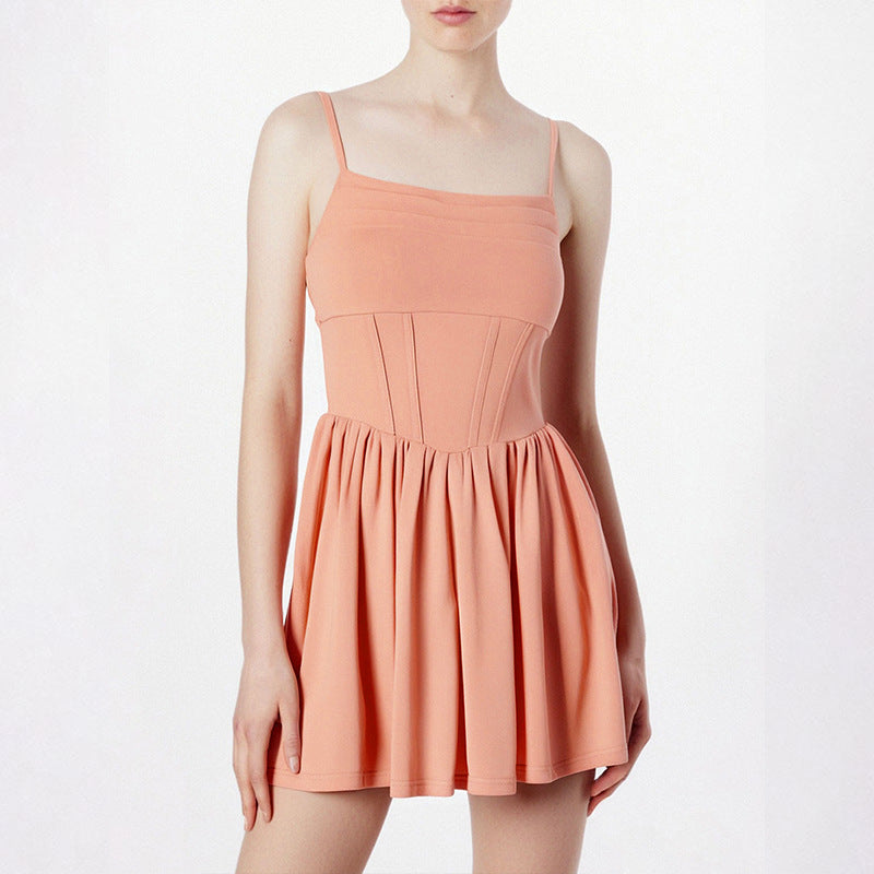 Damen schickes Sommerkleid mit Trägern und Falten Drune