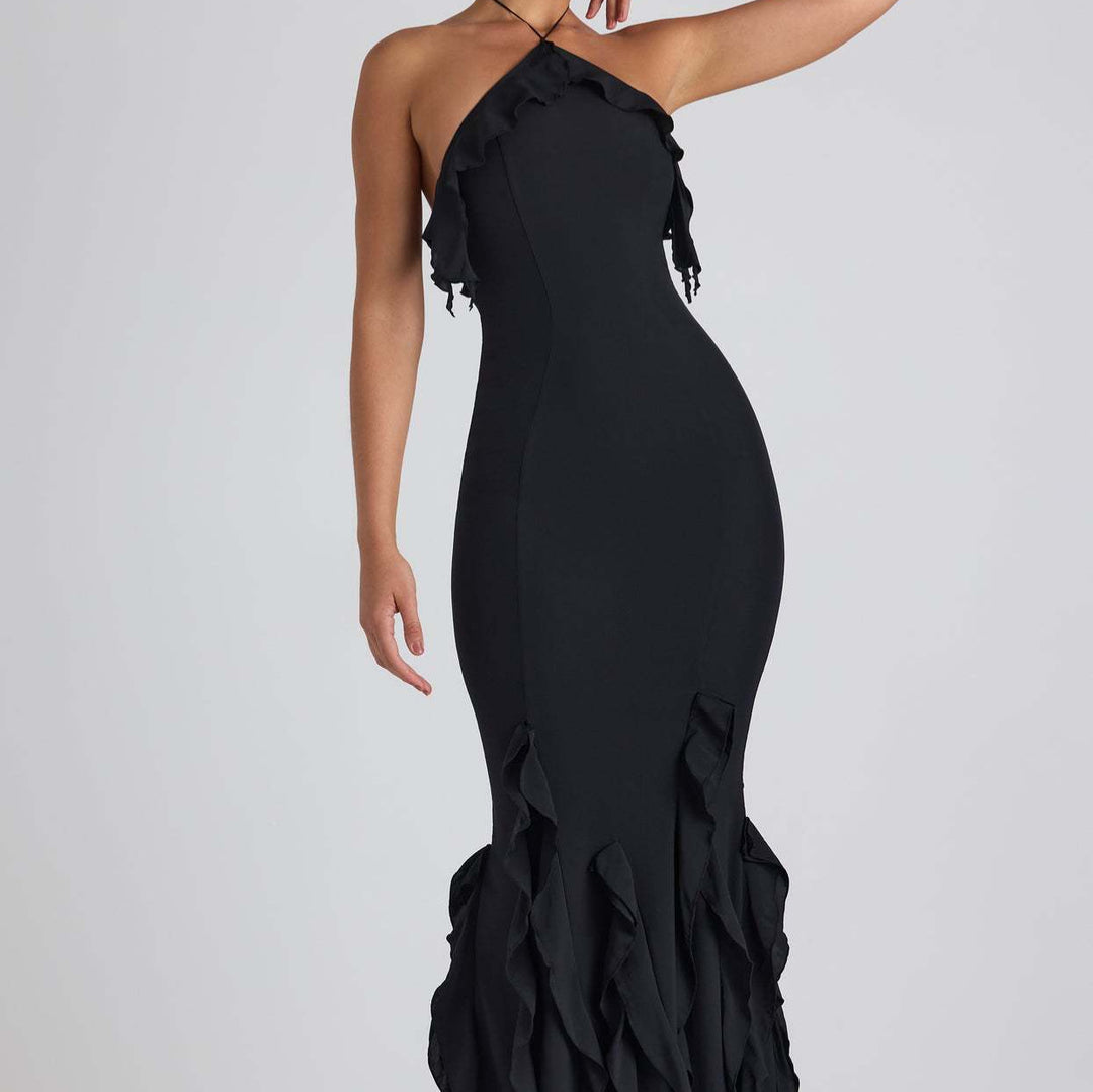Damen Exklusives Maxikleid mit asymmetrischem Rüschenverlauf und elegantem Schnitt Drune