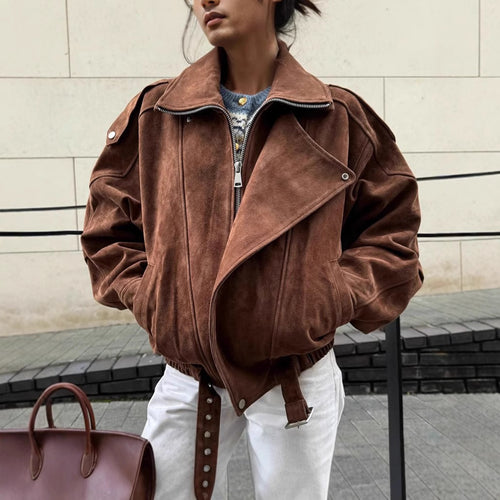 Damen Oversized Veloursleder-Blouson mit asymmetrischem Reißverschluss und Taillengürtel Drune