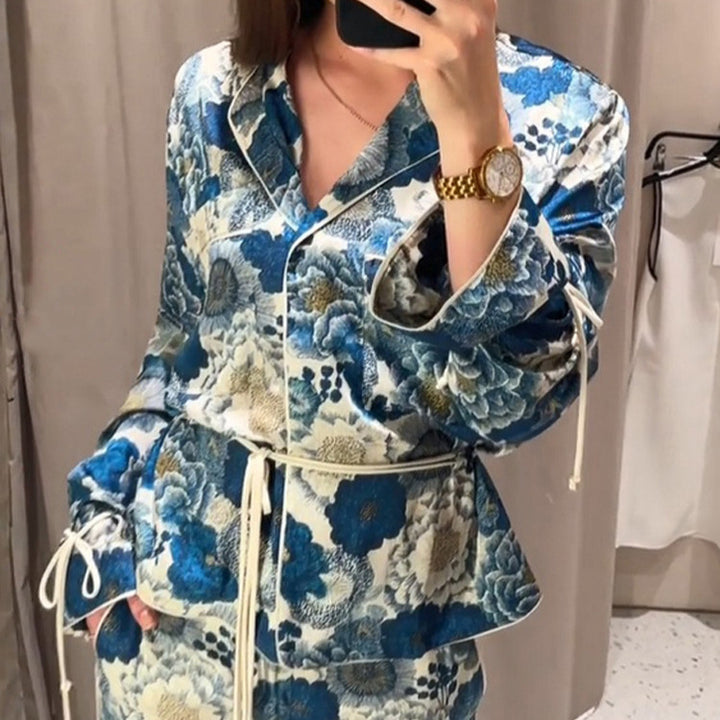 Damen Zweiteiliges florales Jacquard-Loungewear-Set mit Taillengürtel, Paspelierung und Bindärmeln Drune