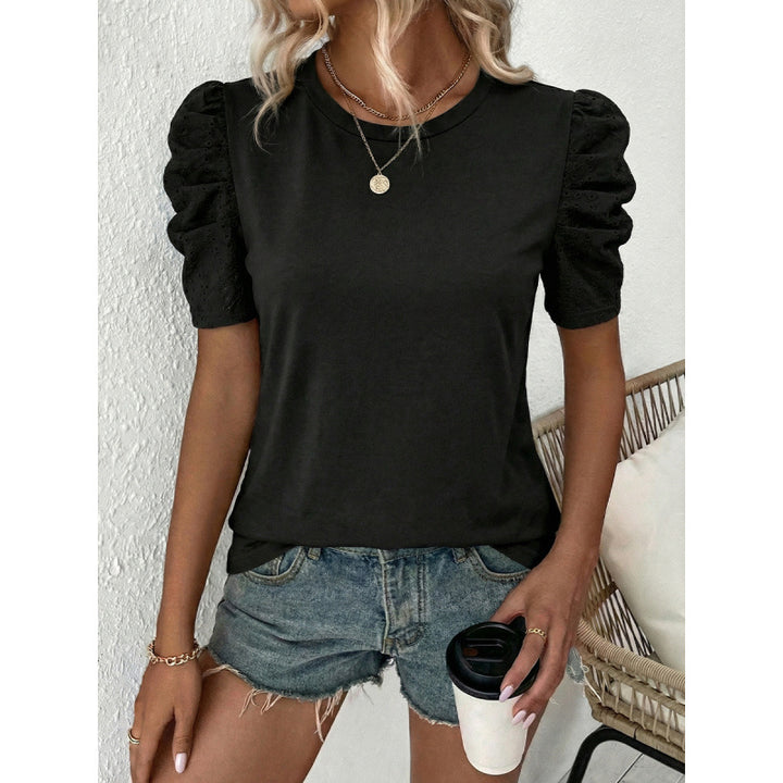 Damen T-Shirt mit Puffärmeln und Spitzenapplikationen Drune