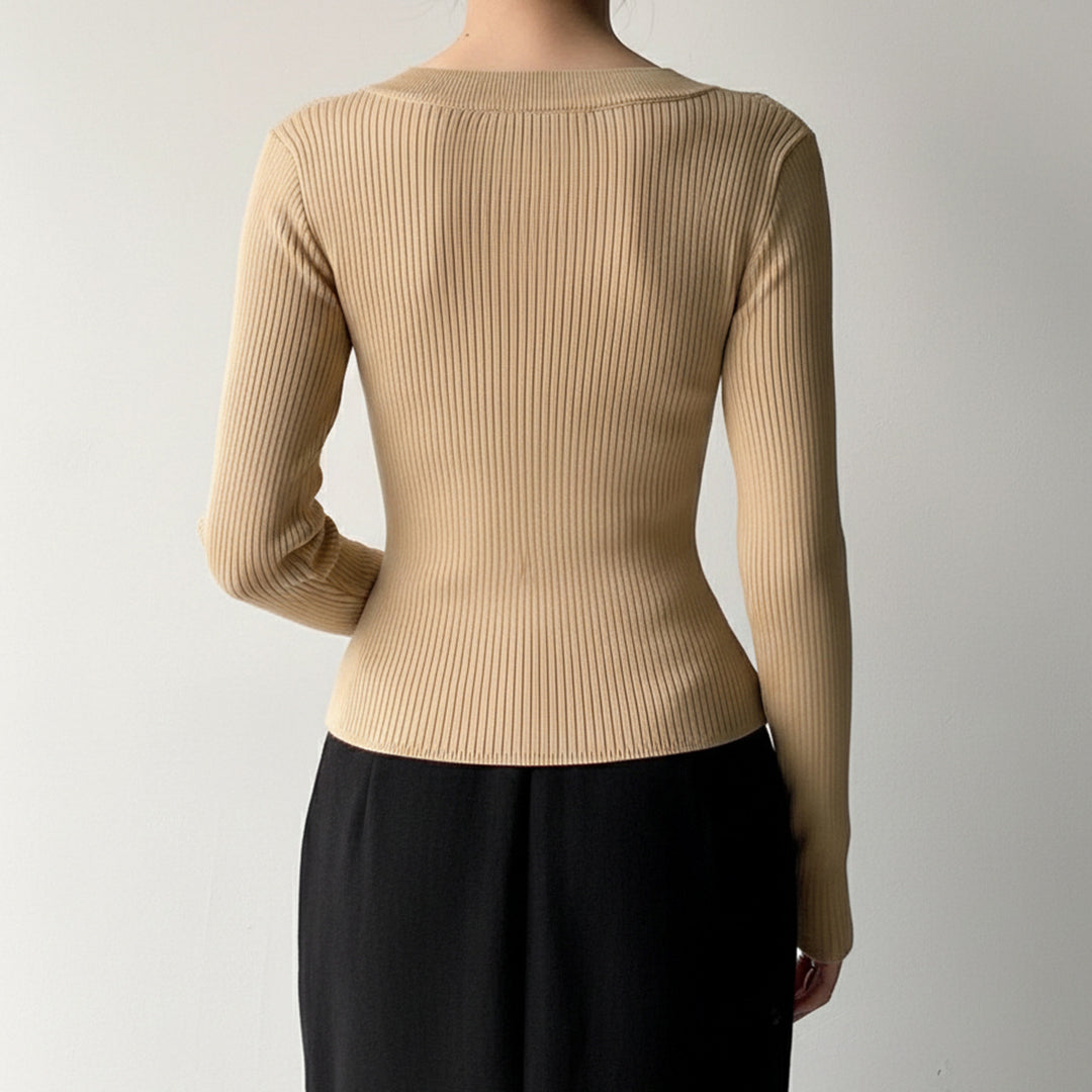 Damen Enganliegendes geripptes Langarmshirt mit tiefem U-Ausschnitt Drune