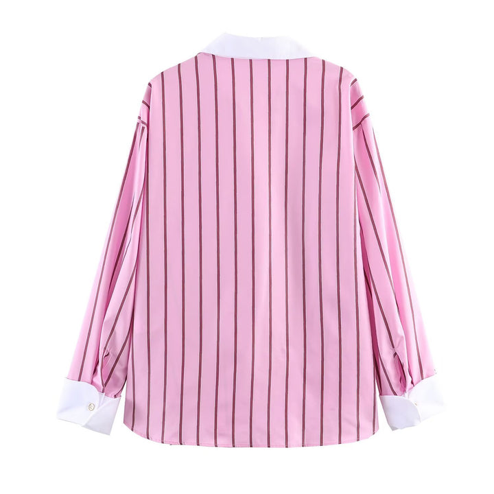 Damen Oversize-Hemdbluse mit Kontrastkragen, Manschetten und vertikalem Streifenmuster Drune