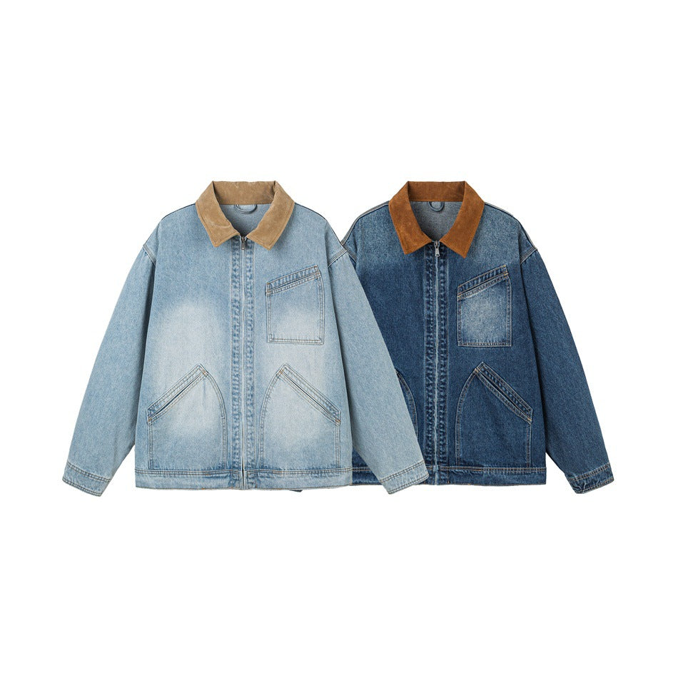 Herren Relaxed-Denimjacke mit Kontrast-Cordkragen und schräger Brusttasche Drune