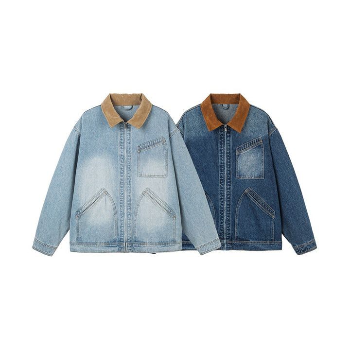 Herren Relaxed-Denimjacke mit Kontrast-Cordkragen und schräger Brusttasche Drune